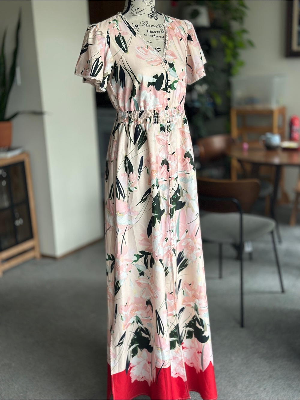 Alexia Admor Maxi Dress Blush Pink Floral Button Front Flutter Sleeve Size 2